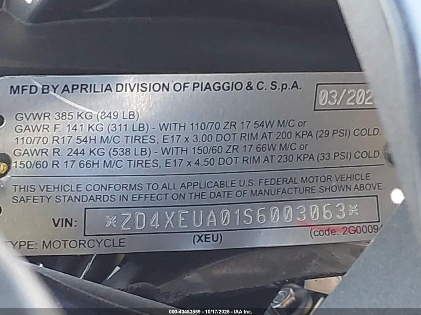 2025 Aprilia Rs 457 VIN: ZD4XEUA01S6003063 Lot: 43483559