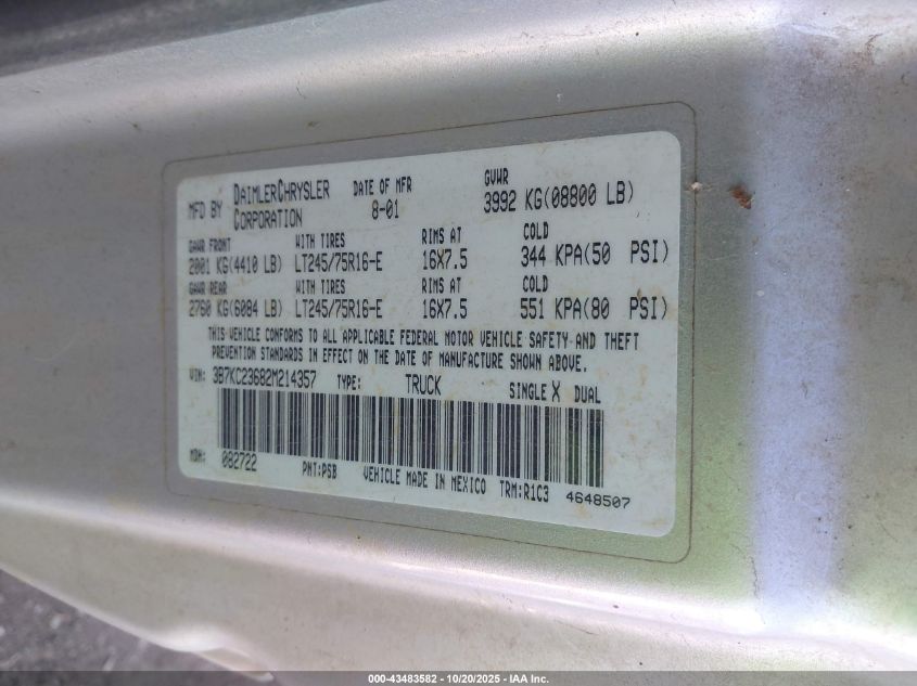 2002 Dodge Ram 2500 St VIN: 3B7KC23682M214357 Lot: 43483582