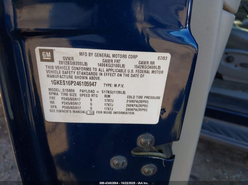 2004 GMC Envoy Xl Slt VIN: 1GKES16P246105947 Lot: 43483584