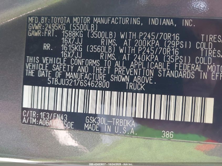 2006 Toyota Tundra VIN: 5TBJU32176S462800 Lot: 43483637