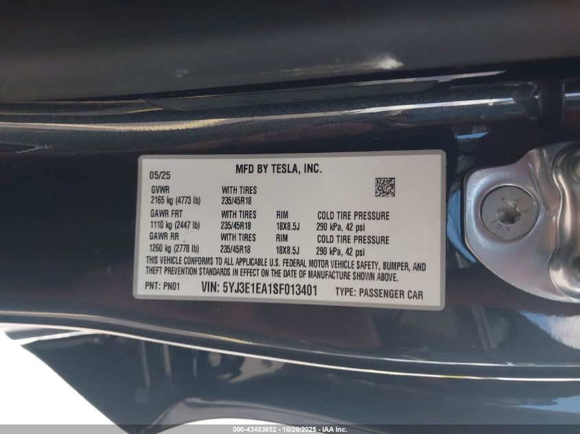 2025 Tesla Model 3 Long Range Rear-Wheel Drive VIN: 5YJ3E1EA1SF013401 Lot: 43483652