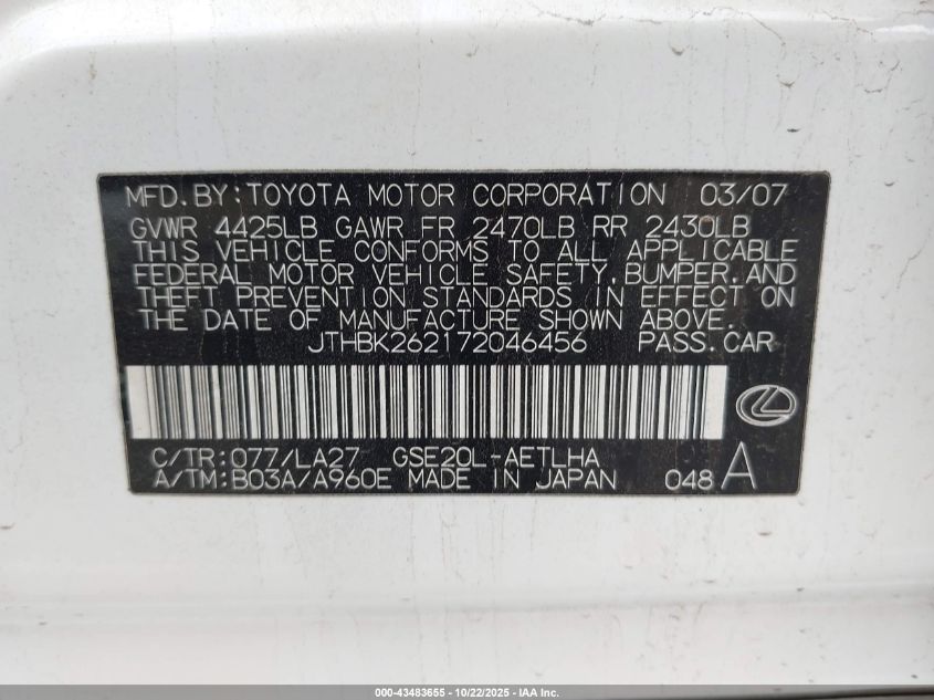 2007 Lexus Is 250 VIN: JTHBK262172046456 Lot: 43483655