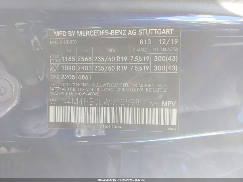 2020 Mercedes-Benz Glb 250 4Matic VIN: W1N4M4HB0LW020598 Lot: 43483715