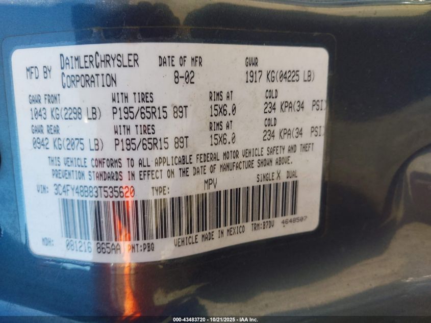 2003 Chrysler Pt Cruiser VIN: 3C4FY48B83T535620 Lot: 43483720