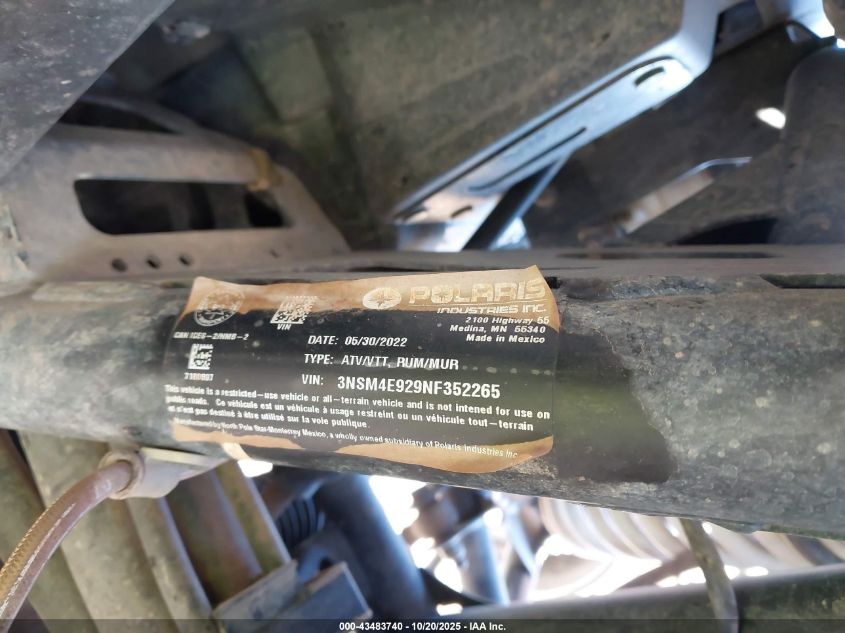2022 Polaris Rzr Pro Xp 4 Sport VIN: 3NSM4E929NF352265 Lot: 43483740