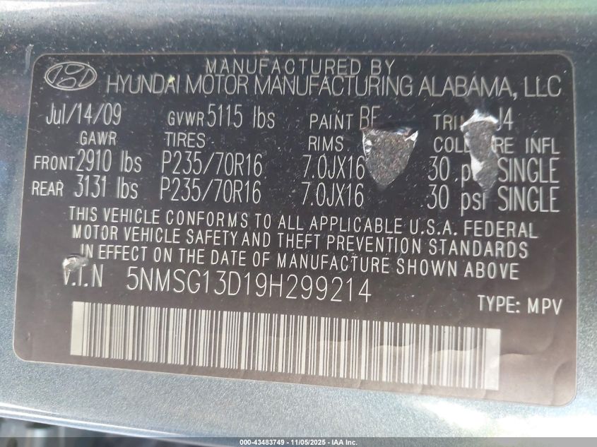 2009 Hyundai Santa Fe Gls VIN: 5NMSG13D19H299214 Lot: 43483749