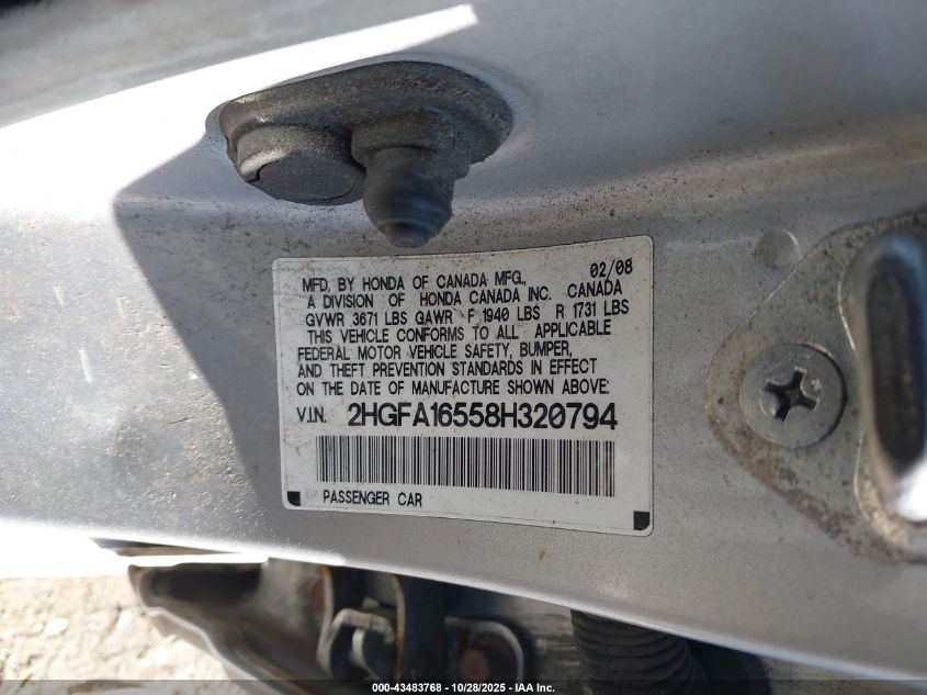 2008 Honda Civic Lx VIN: 2HGFA16558H320794 Lot: 43483768