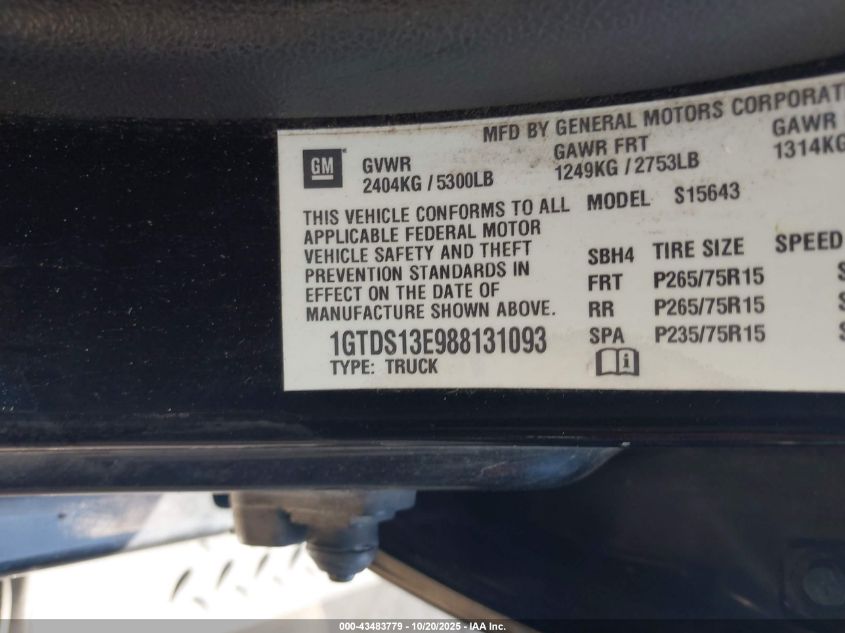 2008 GMC Canyon Sle2 VIN: 1GTDS13E988131093 Lot: 43483779