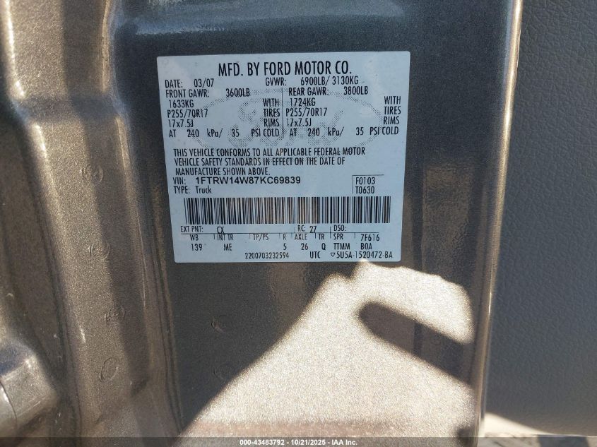 2007 Ford F-150 Xlt VIN: 1FTRW14W87KC69839 Lot: 43483792