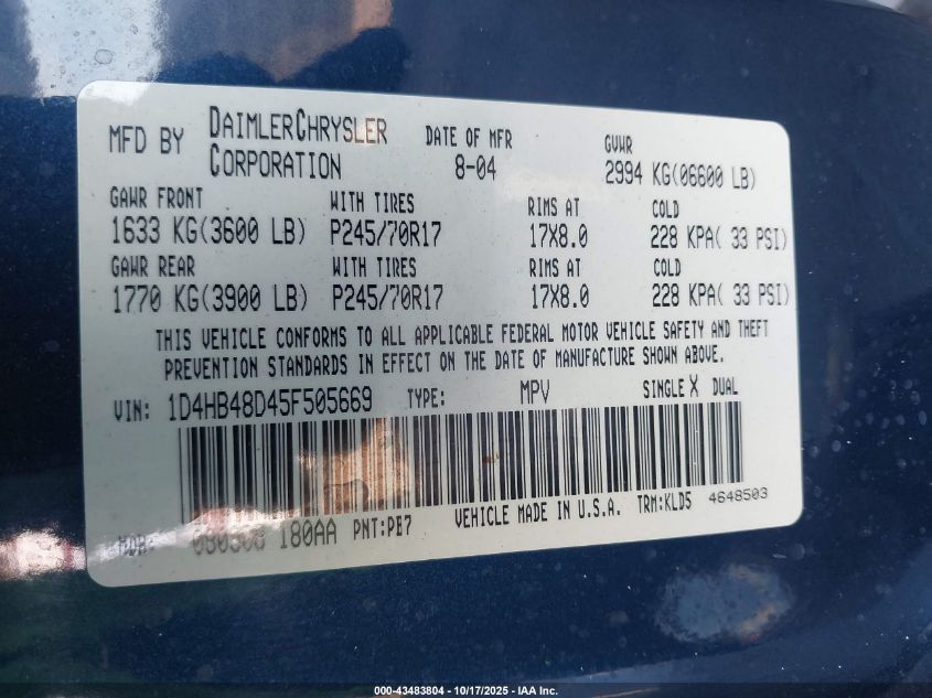 2005 Dodge Durango Slt VIN: 1D4HB48D45F505669 Lot: 43483804