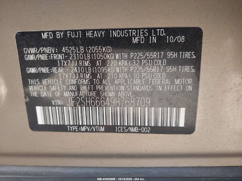 2009 Subaru Forester 2.5Xt Limited VIN: JF2SH66649H768709 Lot: 43483806