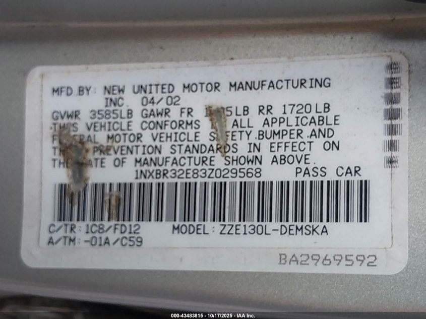 2003 Toyota Corolla S VIN: 1NXBR32E83Z029568 Lot: 43483815