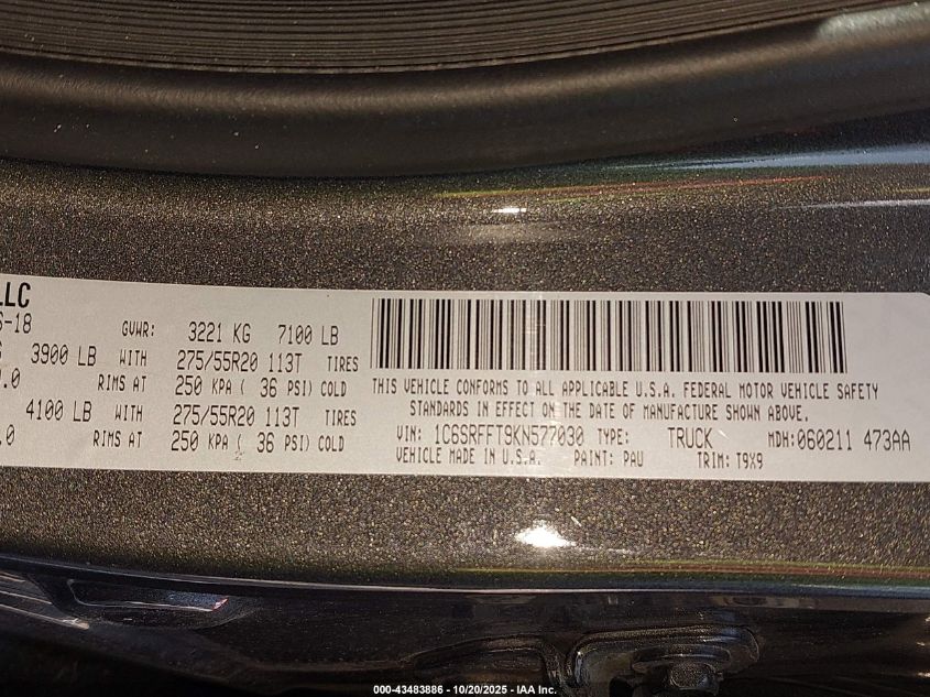 2019 Ram 1500 Big Horn/Lone Star 4X4 5'7 Box VIN: 1C6SRFFT9KN577030 Lot: 43483886