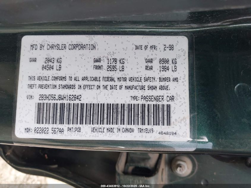 1998 Dodge Intrepid Es VIN: 2B3HD56J8WH162842 Lot: 43483912