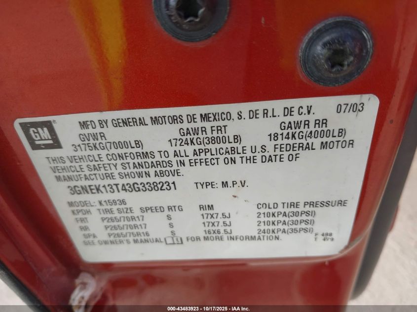 2003 Chevrolet Avalanche 1500 VIN: 3GNEK13T43G338231 Lot: 43483923