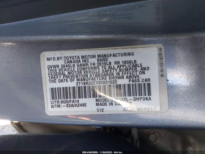 2003 Toyota Matrix Standard VIN: 2T1KR32E33C031522 Lot: 43483958