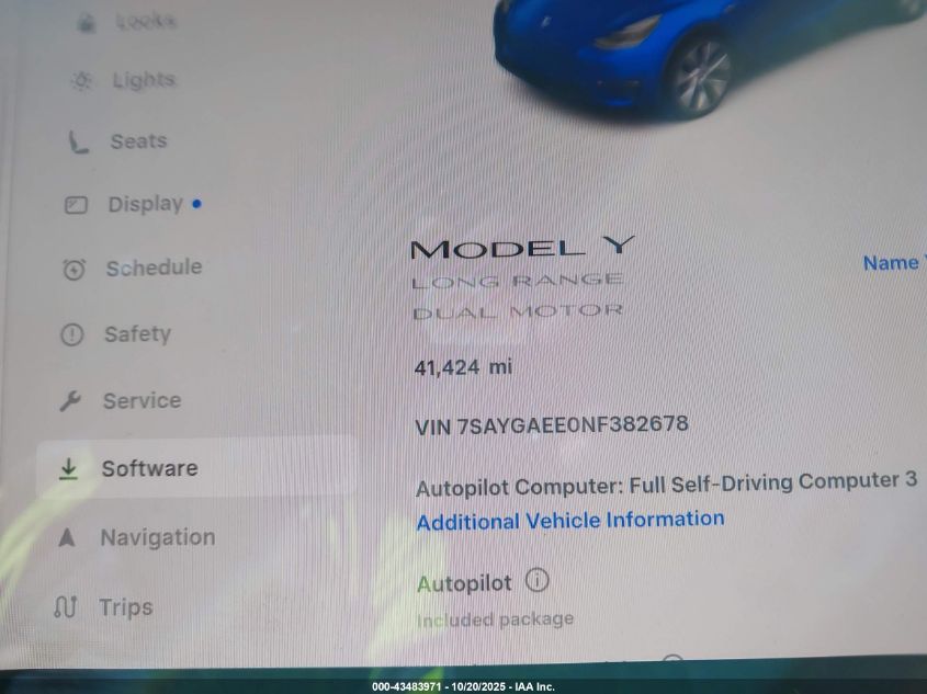 2022 Tesla Model Y Long Range Dual Motor All-Wheel Drive VIN: 7SAYGAEE0NF382678 Lot: 43483971