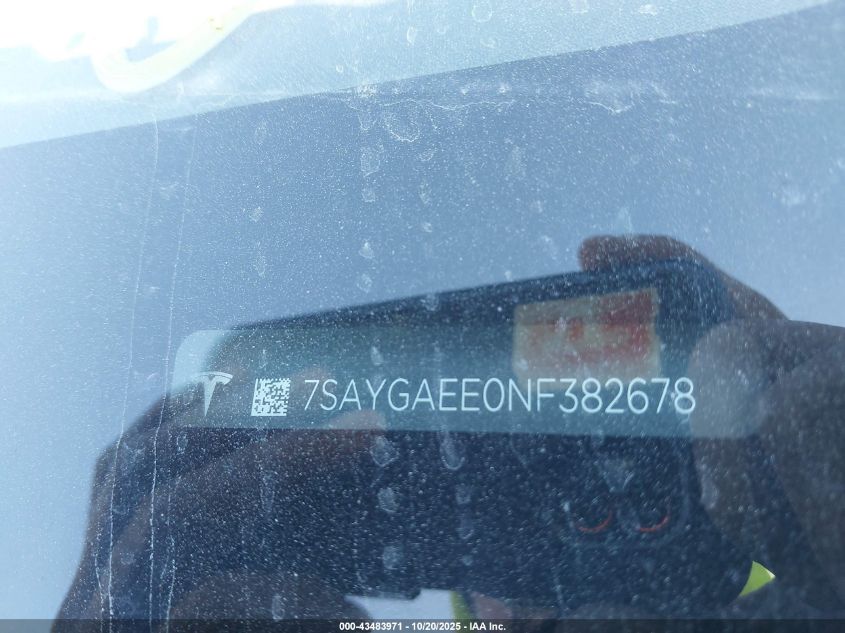 2022 Tesla Model Y Long Range Dual Motor All-Wheel Drive VIN: 7SAYGAEE0NF382678 Lot: 43483971