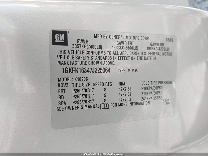 2007 GMC Yukon Xl 1500 Sle VIN: 1GKFK16347J225364 Lot: 43484027