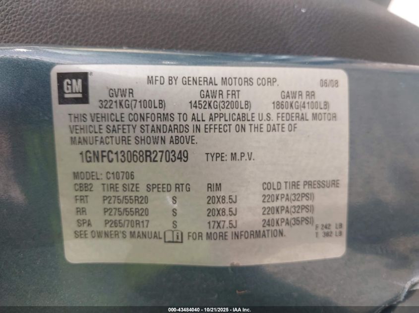 2008 Chevrolet Tahoe Lt VIN: 1GNFC13068R270349 Lot: 43484040