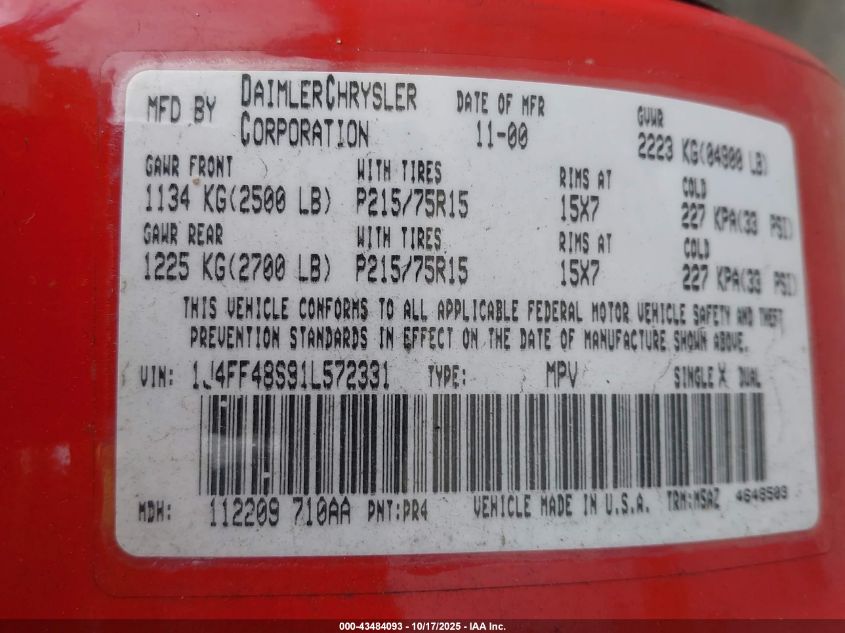 2001 Jeep Cherokee Sport VIN: 1J4FF48S91L572331 Lot: 43484093