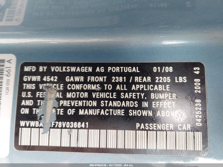 2008 Volkswagen Eos Turbo VIN: WVWBA71F78V036641 Lot: 43484126