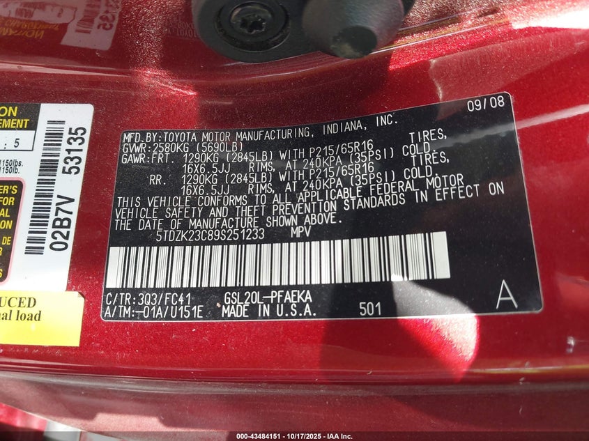 5TDZK23C89S251233 2009 TOYOTA SIENNA photo no. 9