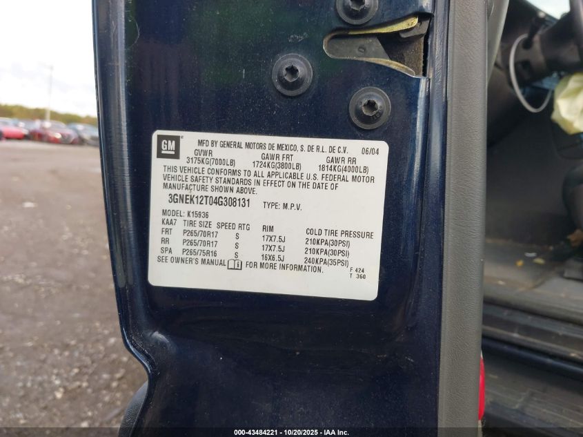 2004 Chevrolet Avalanche 1500 VIN: 3GNEK12T04G308131 Lot: 43484221