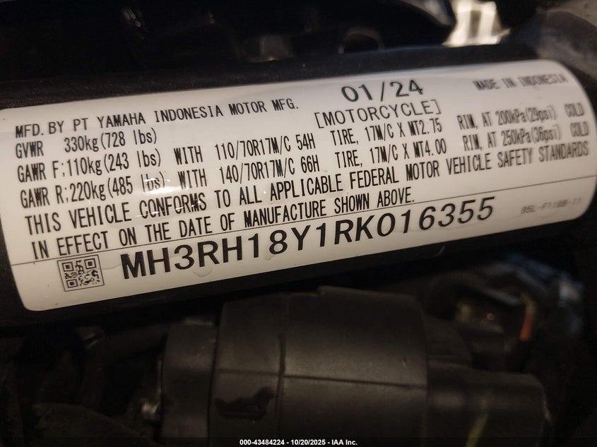 2024 YAMAHA YZFR3 A MH3RH18Y1RK016355