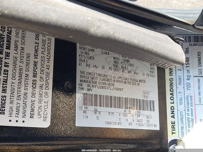 2007 Lincoln Navigator Ultimate VIN: 5LMFU28537LJ10097 Lot: 43484228