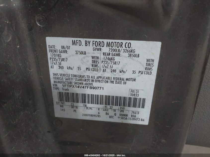 2007 Ford F-150 Fx4/Lariat/Xl/Xlt VIN: 1FTPX14V47FB90771 Lot: 43484263
