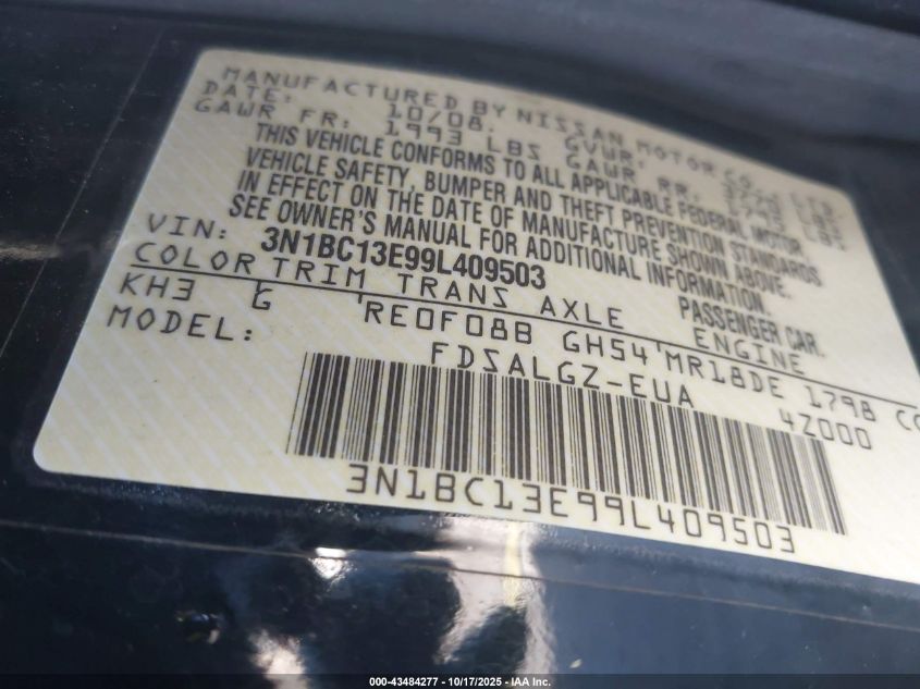 2009 Nissan Versa 1.8Sl VIN: 3N1BC13E99L409503 Lot: 43484277