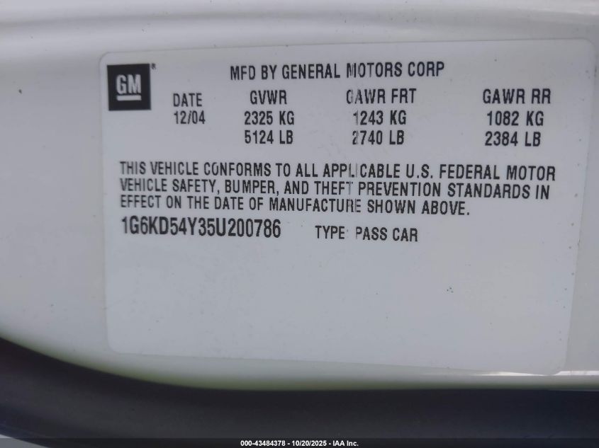 2005 Cadillac Deville Livery VIN: 1G6KD54Y35U200786 Lot: 43484378