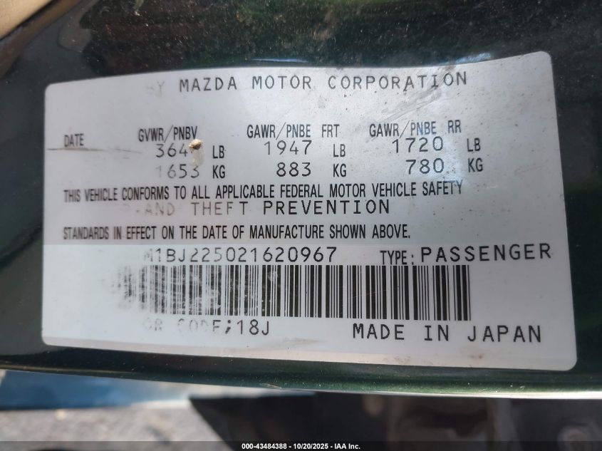 2002 Mazda Protege Dx/Es/Lx VIN: JM1BJ225021620967 Lot: 43484388