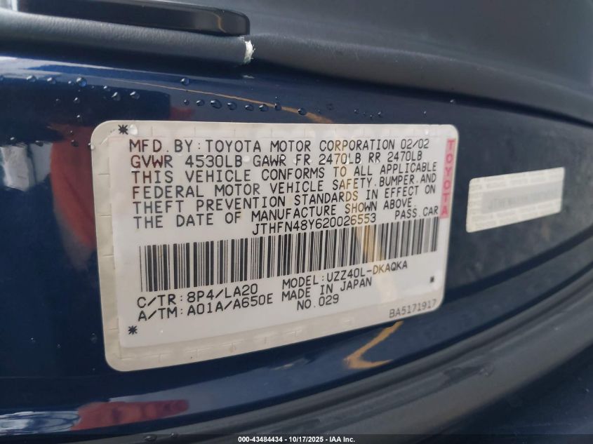 2002 Lexus Sc 430 VIN: JTHFN48Y620026553 Lot: 43484434