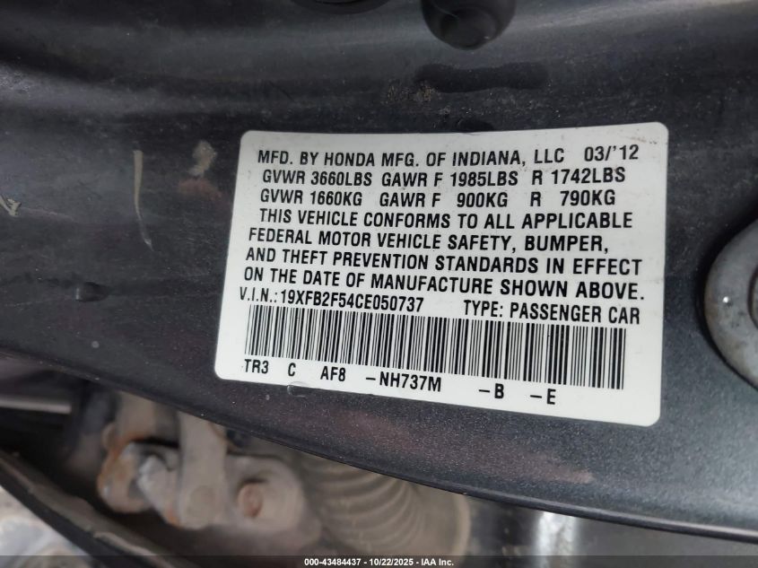 2012 Honda Civic Lx VIN: 19XFB2F54CE050737 Lot: 43484437