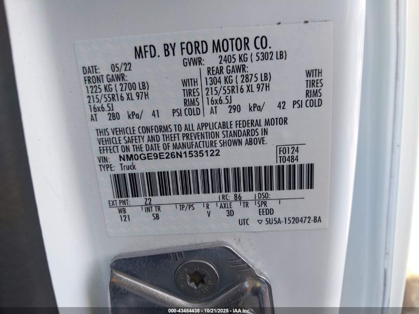 2022 Ford Transit Connect Xl Passenger VIN: NM0GE9E26N1535122 Lot: 43484438