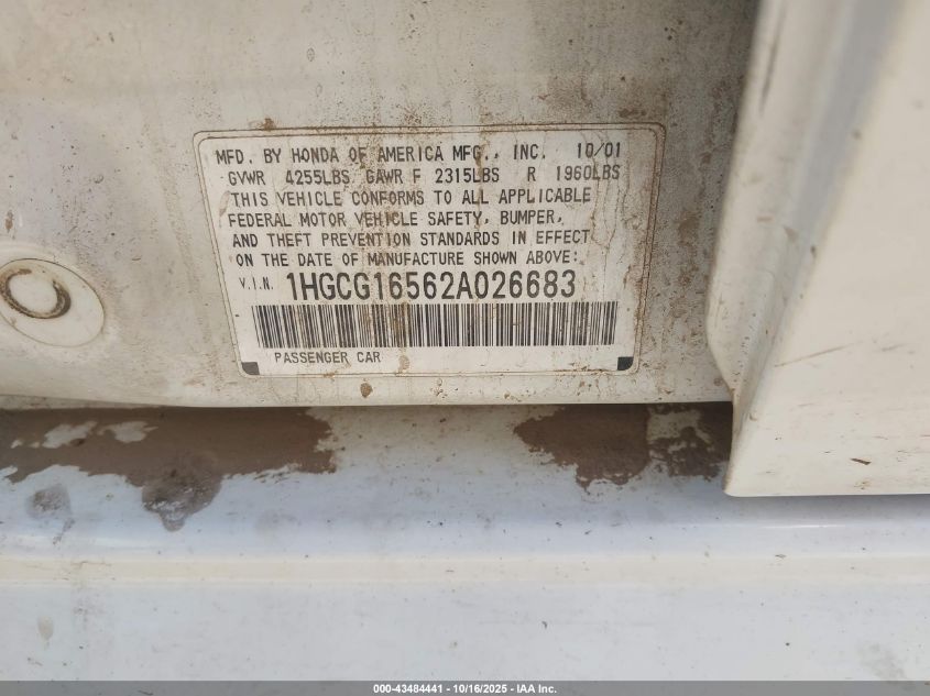 2002 Honda Accord 3.0 Ex VIN: 1HGCG16562A026683 Lot: 43484441