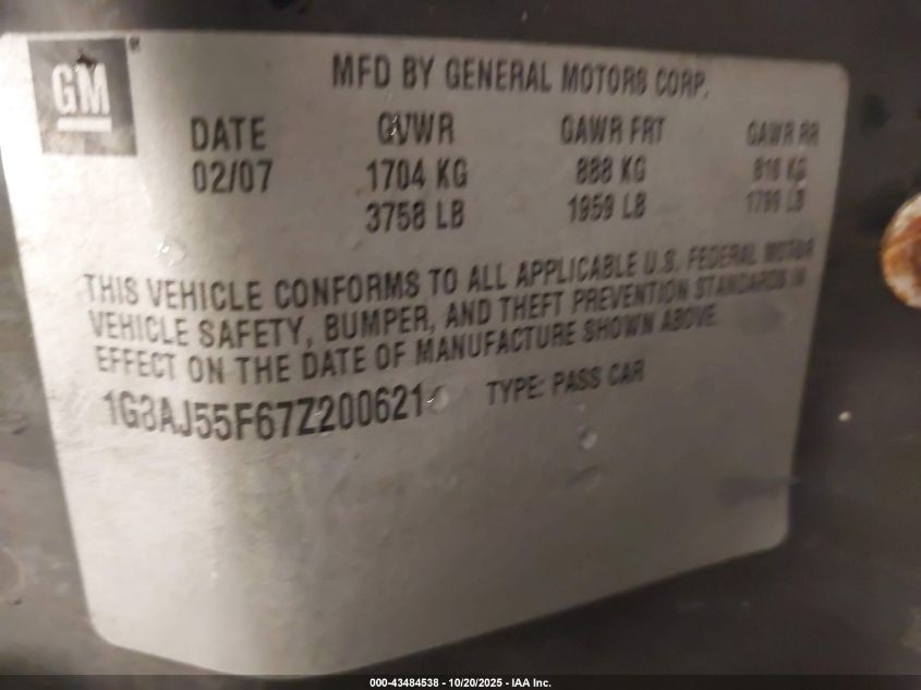 2007 Saturn Ion 2 VIN: 1G8AJ55F67Z200621 Lot: 43484538
