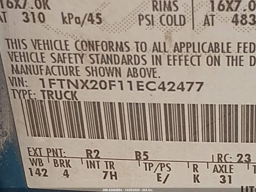 2001 Ford F-250 Lariat/Xl/Xlt VIN: 1FTNX20F11EC42477 Lot: 43484584
