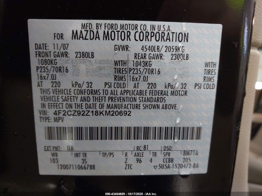 2008 Mazda Tribute I Sport VIN: 4F2CZ92Z18KM20692 Lot: 43484659