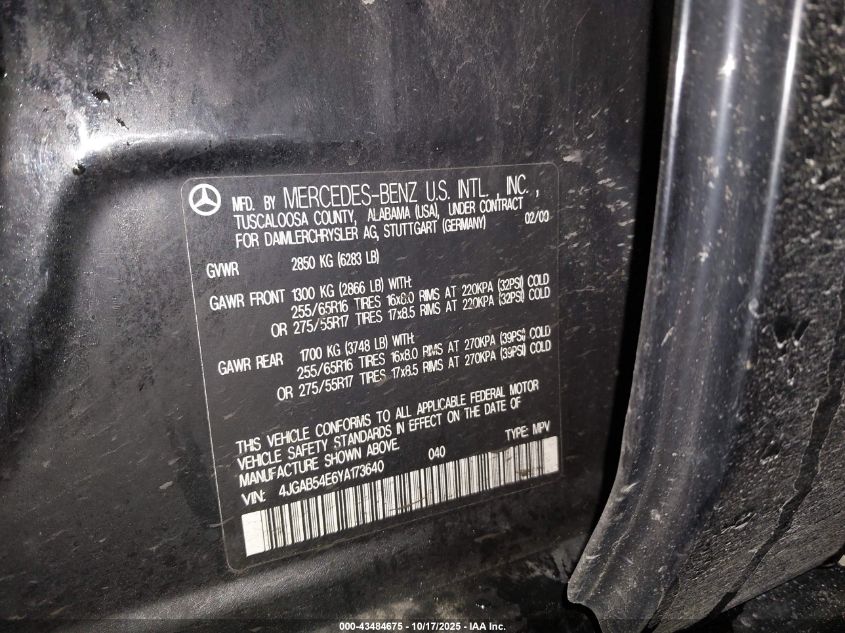 2000 Mercedes-Benz Ml 320 VIN: 4JGAB54E6YA173640 Lot: 43484675