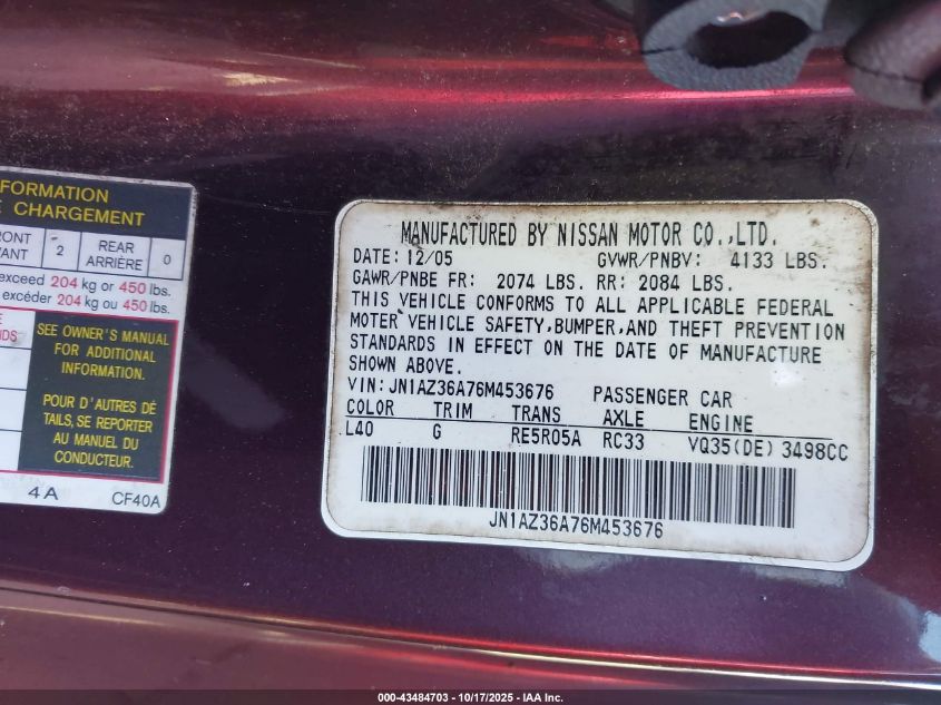2006 Nissan 350Z Touring VIN: JN1AZ36A76M453676 Lot: 43484703