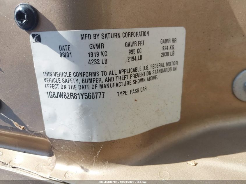 2001 Saturn Lw300 VIN: 1G8JW82R81Y560777 Lot: 43484705