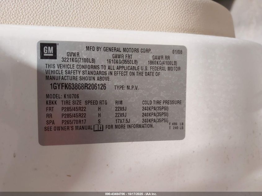 2008 Cadillac Escalade Standard VIN: 1GYFK63868R206126 Lot: 43484706