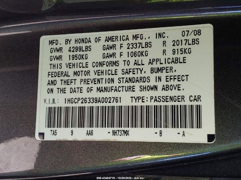 2009 Honda Accord 2.4 Lx VIN: 1HGCP26339A002761 Lot: 43484719