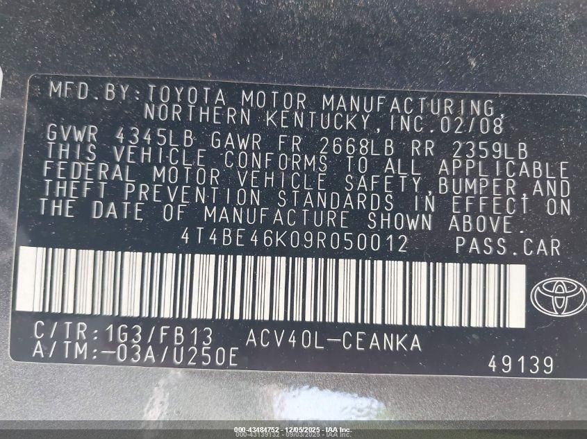 2009 Toyota Camry Le VIN: 4T4BE46K09R050012 Lot: 43484752