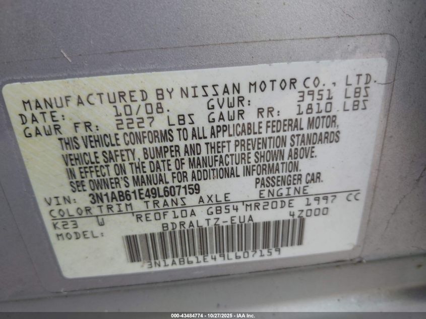 2009 Nissan Sentra 2.0S VIN: 3N1AB61E49L607159 Lot: 43484774