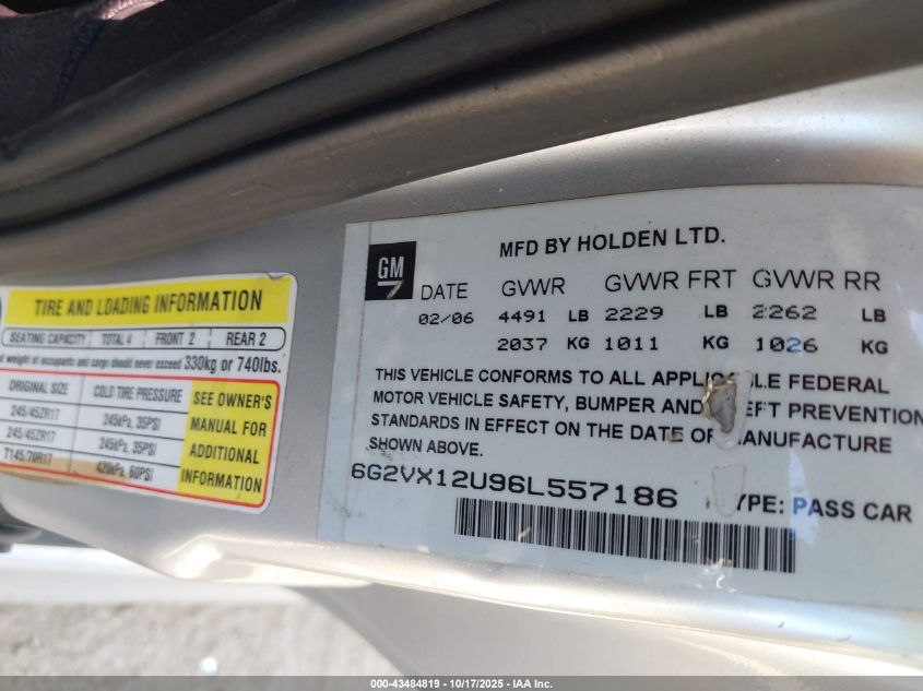 2006 Pontiac Gto VIN: 6G2VX12U96L557186 Lot: 43484819