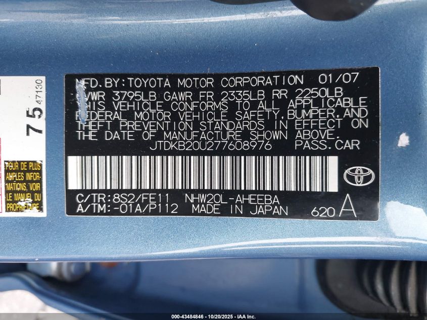 2007 Toyota Prius VIN: JTDKB20U277608976 Lot: 43484846